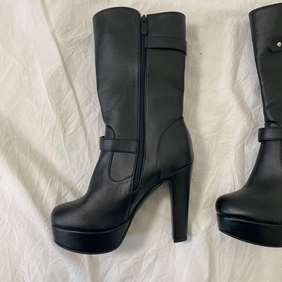 NEW Chunky Gothic Black Faux Leather Platform Buckle Zipper High Heel Boots 7.5 - Picture 3 of 8